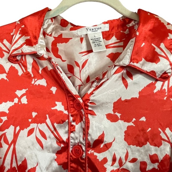 Vertigo Paris Red and White Satin Long Sleeve Floral Print Dress large - Picture 5 of 8